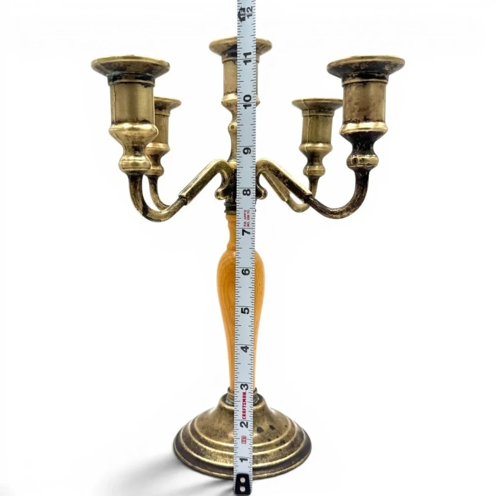 Vintage Italian Brass Wood 5 Arm Candelabra Candle Holder Made in Italy 12